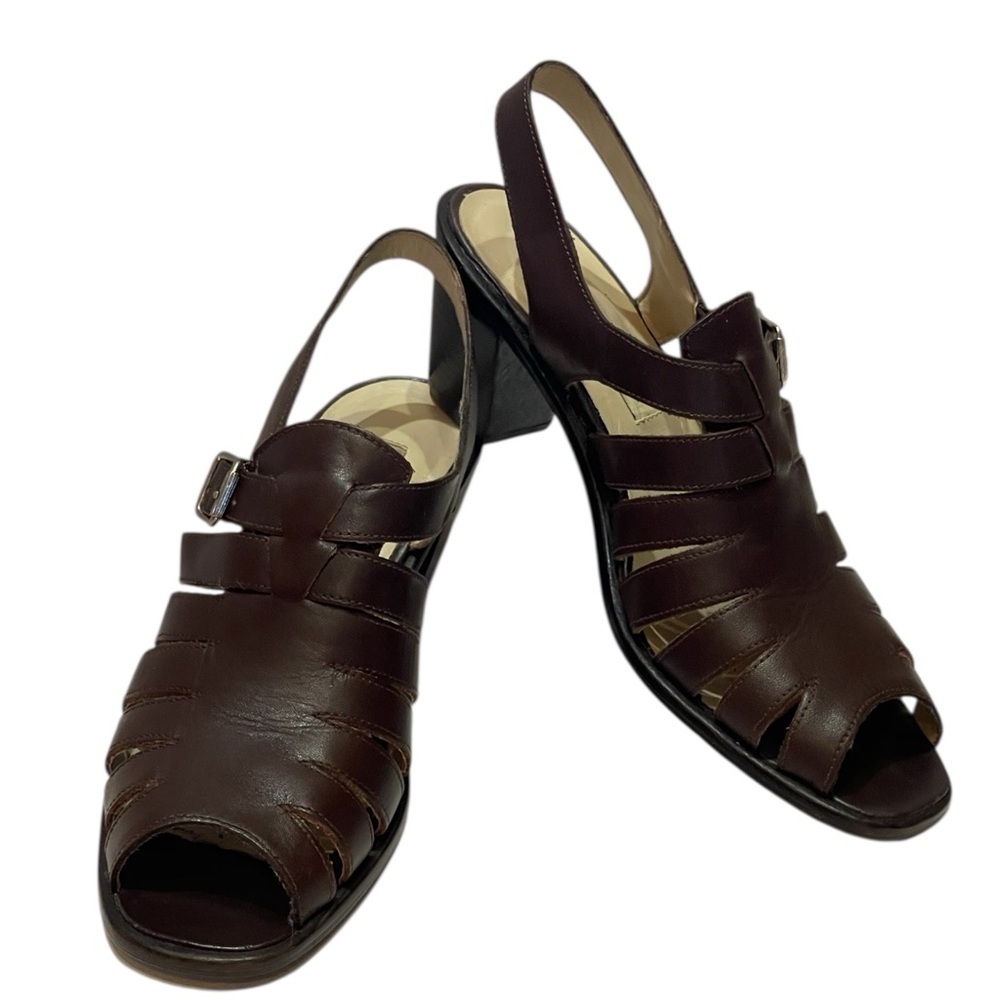 NICOLE MATISSE BROWN LEATHER STRAPPY OPEN TOE BLOCK HEELS SZ 7 MED